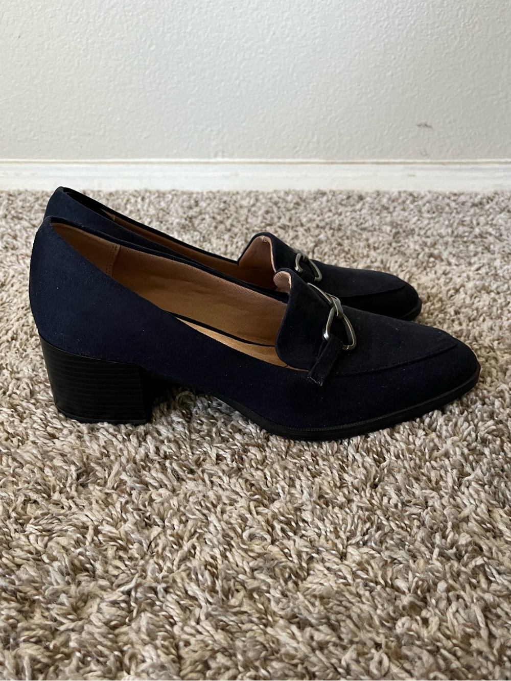 Life Stride Devyn 2 Navy Suede Block Heel Loafers Women's Size 10 Wide